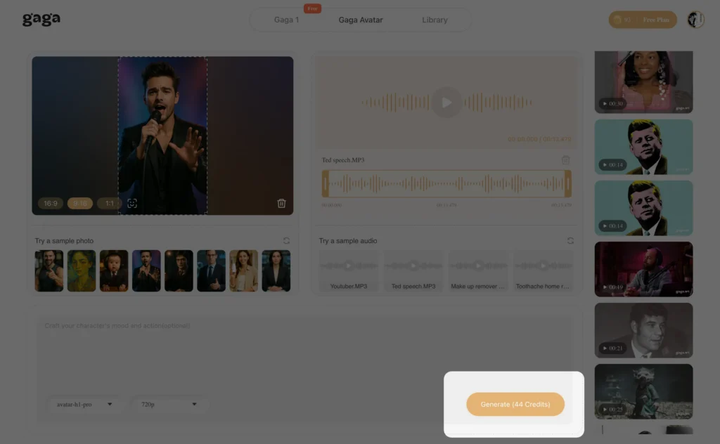 Gaga AI processing screen showing avatar generator from photo progress