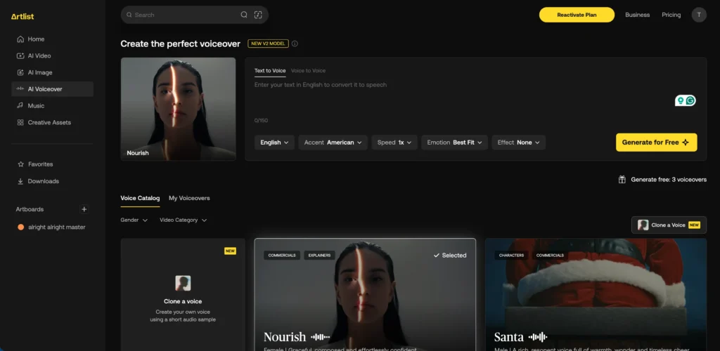 artlist ai voice overs