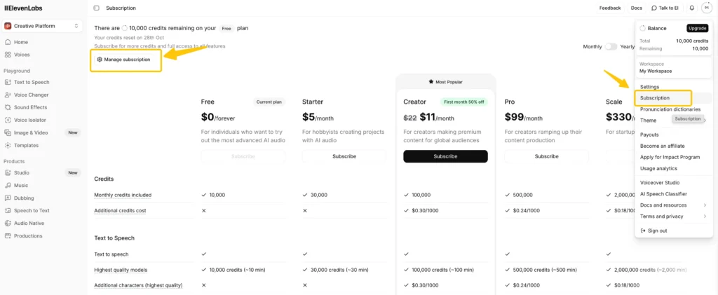cancel subscription of 11labs