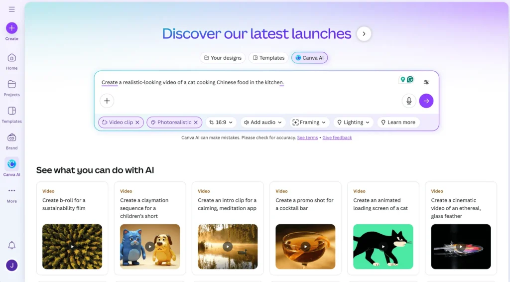 canva ai video generator from the home page