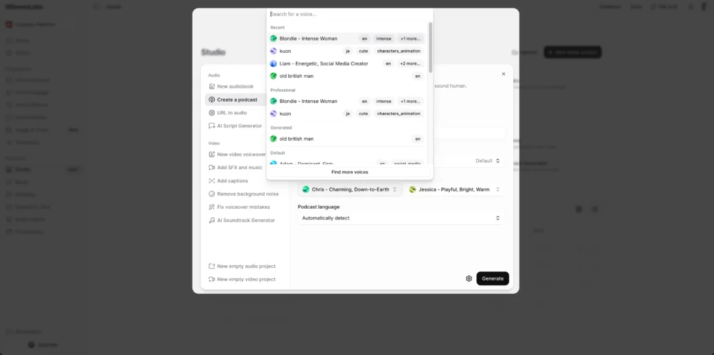 configure the podcast voice settings