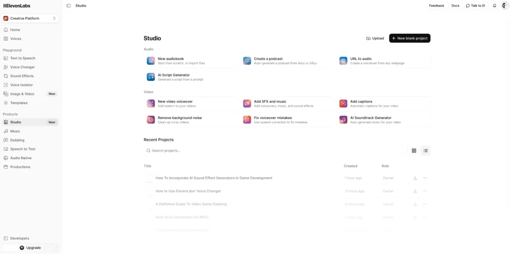 elevenlabs ai studio