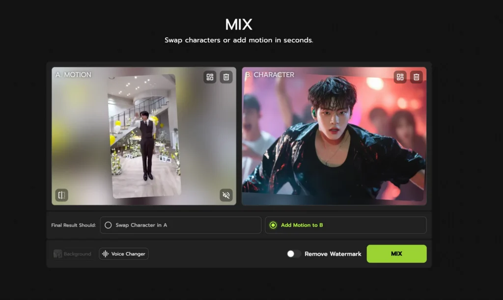 mix and generate the ai dance video