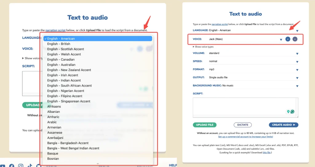 select a language or voice
