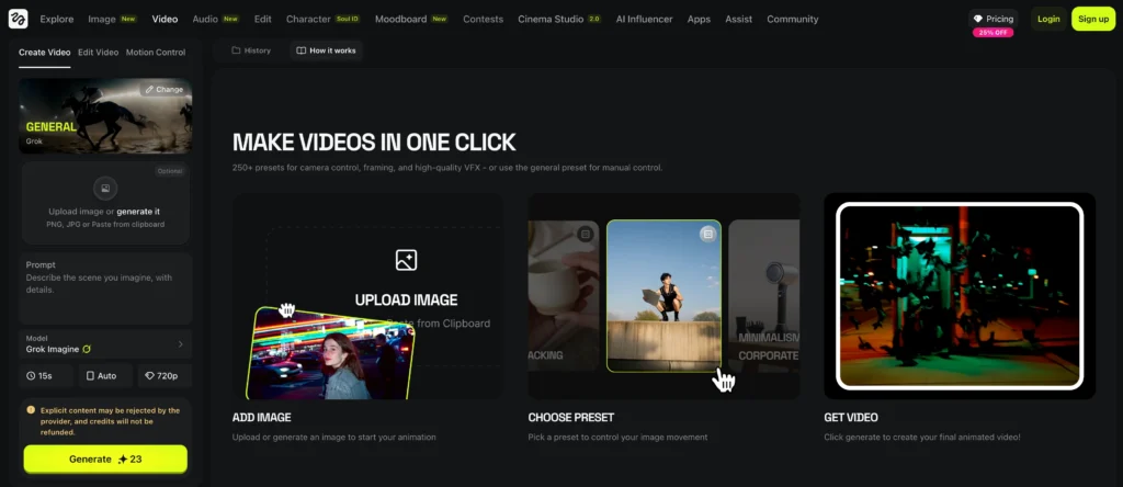 free grok ai video generator on higgsfield